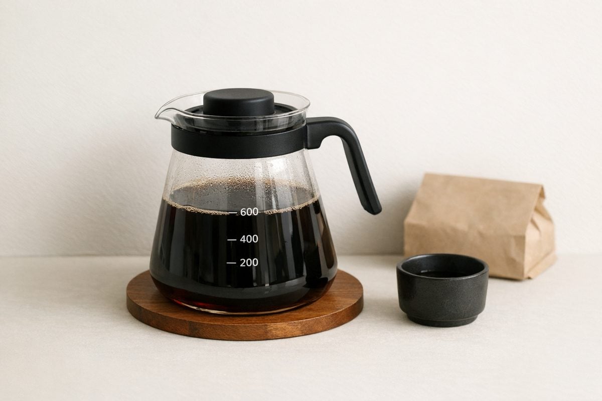 Minimal coffee gear on a warm neutral background. Soft morning light.