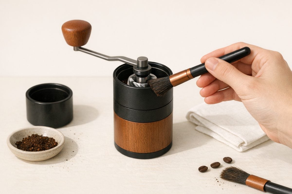 Minimal coffee gear on a warm neutral background. Soft morning light.