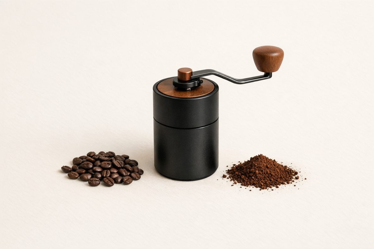 Minimal coffee gear on a warm neutral background. Soft morning light.