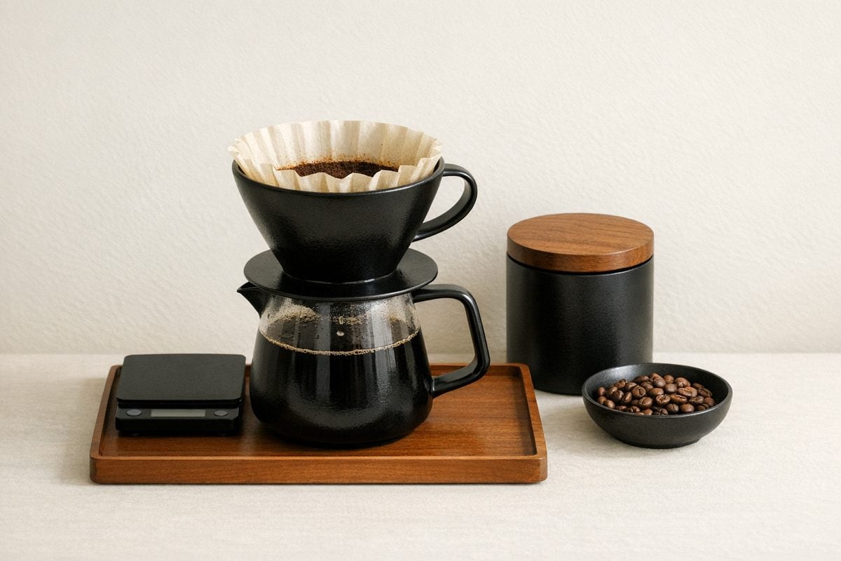 Minimal coffee gear on a warm neutral background. Soft morning light.